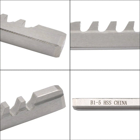Multiple views of Keyway Broach Set B1 5mm High Speed Steel for CNC cutting machines and metalworking tools, showing teeth and markings.