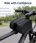 Bike Frame Bag For Bikepacking Full Frame Bag 20 By 16 By 6 Cm Wear Resistant Canvas With Zipper Closure Ebony Edge Black Finish on bike