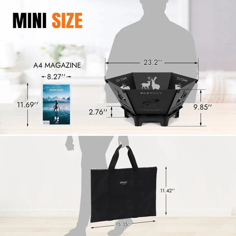 Collapsible 23 Inch Wood Burning Fire Pit For Camping And Patio, compact design comparison with A4 magazine, portable bag shown