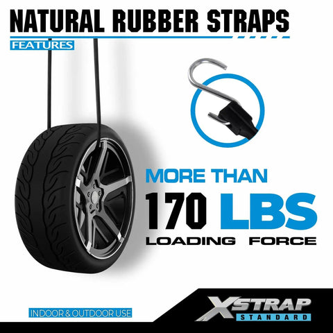 20 Pack 15 Inch Adjustable Rubber Tarp Straps With EPDM Bungee Cords showcasing tire support and loading force label