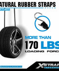 Tire secured with 20 Pack Natural Rubber Tarp Bungee Straps with S Hooks, 100 Percent EPDM Tie Down Cords, Heavy Duty All Weather.