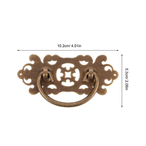 Old School Brass Drawer Pulls Set 2 Antique Cabinet Handles Small Retro Hollow Carved Brass Knobs in Satin Brass Tone, top view