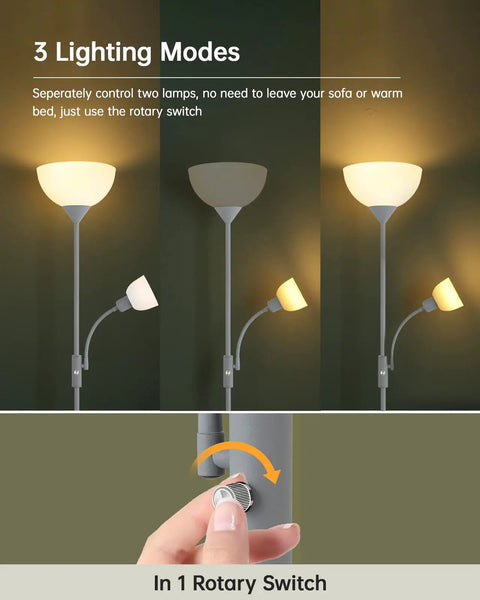 Modern Silver Floor Lamp With Dual LED Heads, 12W Main Light And 4W Adjustable Reading Lamp with rotary switch