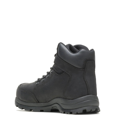 Side view of Grayson Mid Steel Toe Waterproof Work Boot For Men, Black, Size 9 Medium, featuring full-grain leather and rubber outsole