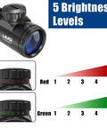 3-9x40 Rifle Scope With Red Green Illuminated Rangefinder Reticle, showing 5 brightness levels, and adjustment knobs.