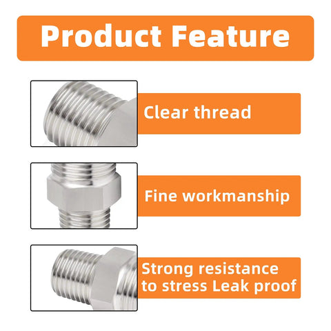 304 Stainless Steel Pipe Fitting Set Hex Nipple And Hex Coupling 3/8 In NPT Male To 3/8 In NPT Female showing thread details