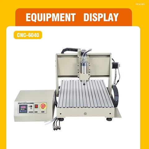 Round Rail 3 Axis Router 6040 Desktop Engraving Machine with 1500W Variable Frequency Spindle in metal frame setup.