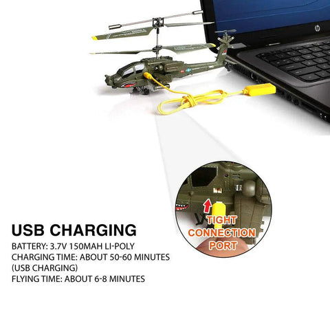 Lil Palm Size Infrared Indoor RC Helicopter S109G charging via USB cable connected to laptop