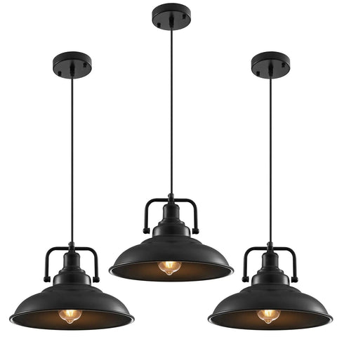 Black Pendant Light Set Of 3, 12.5 Inch Industrial Farmhouse Pendant Lighting for kitchen, dining, and barn installations.