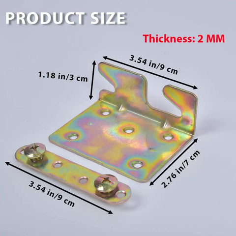 Heavy Duty Bed Rail Brackets With Mounting Hardware, Non Mortise Double Hook Slot Bed Frame Connectors, built tough iron fittings, size details