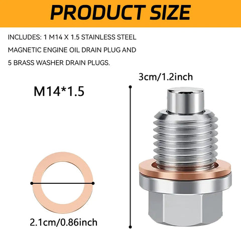 Magnetic Oil Drain Plug Kit M14x1.5 Stainless Steel With Five Copper Crush Washers Gasket Anti Leakage Universal Replacement