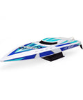 Sonicwake V2 36 Inch Self Righting Brushless RC Boat with Deep V Hull in white and blue design on display