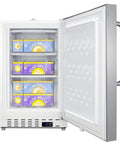Real Deal Upright Commercial Freezer Built Like A Tank With Reliable Manual Defrost And Spacious 2.47 Cubic Feet Storage For Any Serious Kitchen Hustle In Sleek Stainless Steel Finish, open door showing food storage.