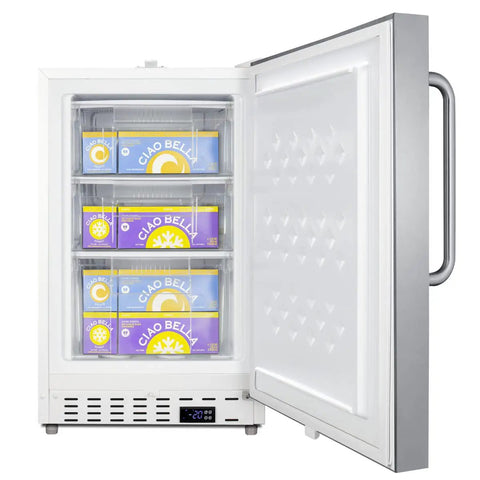 Real Deal Upright Commercial Freezer Built Like A Tank With Reliable Manual Defrost And Spacious 2.47 Cubic Feet Storage For Any Serious Kitchen Hustle In Sleek Stainless Steel Finish, open door showing food storage.