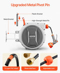 Retractable Garden Hose Reel Wall Mount 100 Ft Hose With Five Eighth Inch Diameter featuring metal pivot pin and nine pattern nozzle