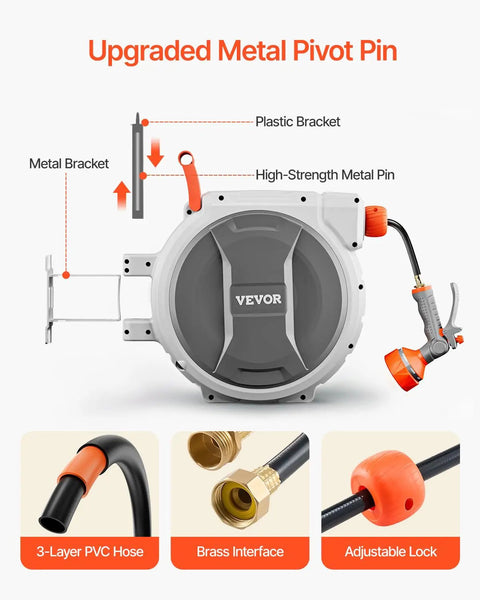 Retractable Garden Hose Reel Wall Mount 100 Ft Hose With Five Eighth Inch Diameter featuring metal pivot pin and nine pattern nozzle