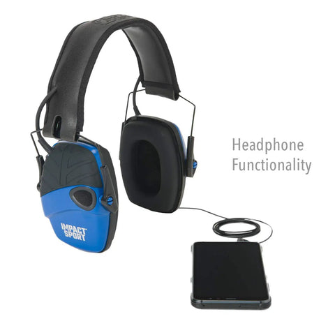 Impact Sport Electronic Earmuff With Real Blue Finish Keeps Your Hearing Safe 82 Decibel Shutoff And 22 NRR 4X Amplification