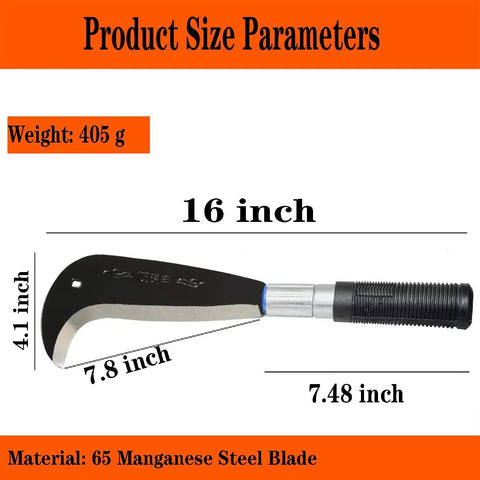 Manganese Blade Garden Sickle Machete For Clearing Brush, Weeding, Harvesting, And Heavy Duty Yard Work - size and material details.