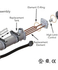 Exploded view of Engine Block Heater For Diesel And Gas Engines Preheater With Thermostat Built To Last Weather Tight Coolant Preheater No Pump Needed Thermosiphon For Trucks Construction Equipment Marine And Industrial Use CB115410200 showing components