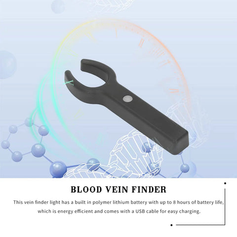 Portable Vein Finder With Infrared Light USB Rechargeable Transilluminator shown against a colorful molecular background.