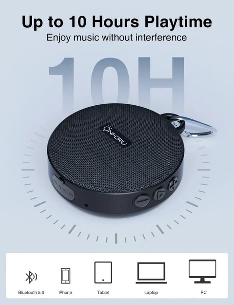 Cycling Bluetooth Speaker For Bike With IP65 Waterproof Build, compact and round, showing 10 hours playtime, side view.