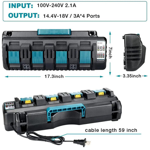 Four Port 18V Battery Charger With Quick Charge And Dual USB Ports For Fast Simultaneous Charging Of Lithium Ion Batteries