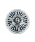 24V DC magnetic powder brake rotor assembly; silver metal with central shaft and mounting flange