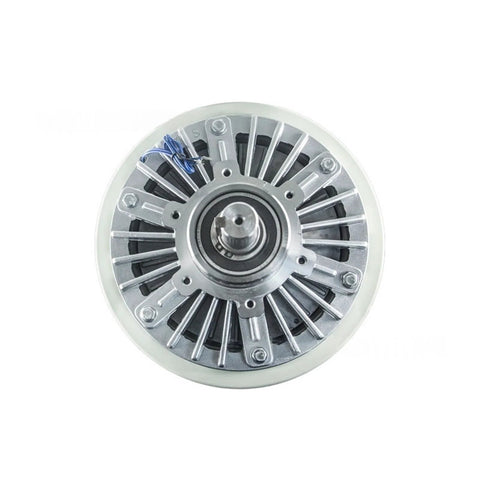 24V DC magnetic powder brake rotor assembly; silver metal with central shaft and mounting flange