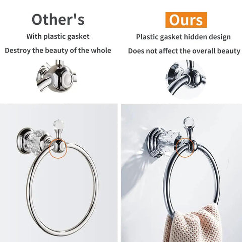 Comparison of towel rings, highlighting Chrome Towel Ring With Crystal Ball Accents, polished hand towel holder design.