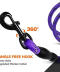 Close-up of Built Tough Rope Dog Leash 6 Ft With Padded Handle Reflective Threads Anti Tangle Clip For Walking Medium And Large Dogs 1/2 Inch Thick Purple For Everyday Use showing 360° swivel hook.