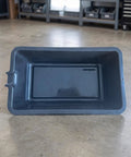 Heavy Duty 6 Liter Square Oil Drain Pan With Long Spout For Garage Home Mechanics And Workshop Deep Basin To Catch Engine Lube Mess Free, gray plastic design.