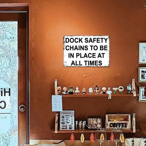 Heavy Duty Aluminum Dock Safety Chain Sign 12X8 Inch Rustproof Metal Warning Plate on wall in indoor setting.