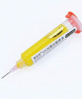 Yellow UV Soldering Paste Flux 10cc in syringe with push needle for PCB BGA Circuit Boards, ideal for precise repairs and rework.