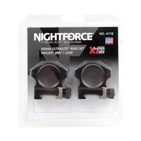 Nightforce Xtreme Duty Ultralite 30mm 4 Screw Hard Anodized Aluminum Gun Scope Rings Set Low 0.885 Inch Black Package