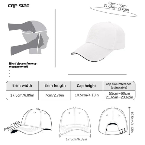 Vintage White Adjustable Cap For Women And Men, diagram of cap size with measurements and adjustable strap details