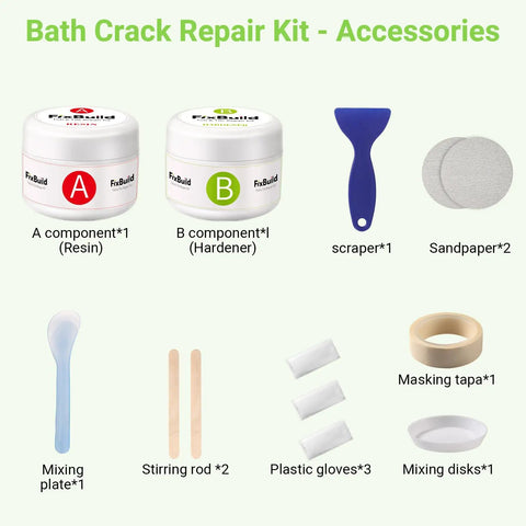 Porcelain Repair Kit For Tub And Tile Cracks Chips And Dents, includes resin, hardener, scraper, sandpaper, mixing tools.