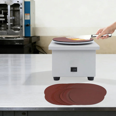 6 Inch Variable Speed Flat Disc Polishing Machine And Bench Grinder with sanding discs in use, highlighting durable iron construction.