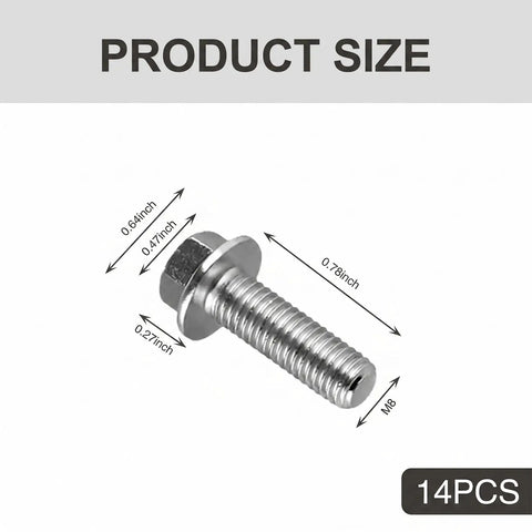 Rugged 14 Piece M8 X 20mm Stainless Steel Hex Flange Fastener Kit For Rear Differential Cover and Ignition Coil Mounting, detailed sizing.