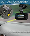 Straight Up Heavy Duty AC DC Converter And Car Cigarette Lighter Adapter powering dash cam in vehicle setting.
