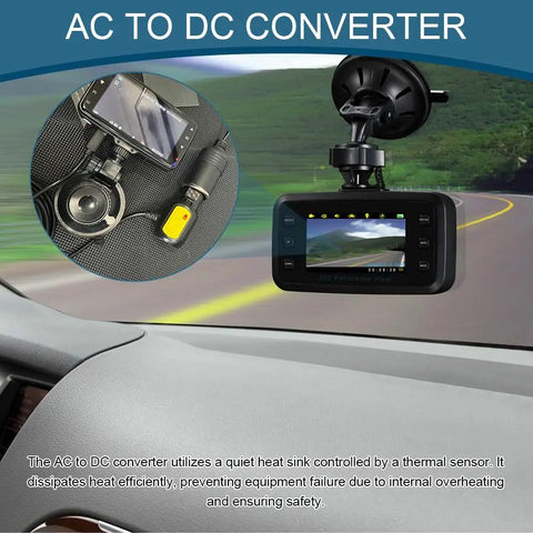 Straight Up Heavy Duty AC DC Converter And Car Cigarette Lighter Adapter powering dash cam in vehicle setting.