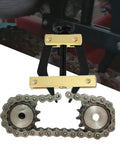 Roller Chain Connecting Puller Holder Tool For Motorcycle Bicycle Go Kart And ATV Chain Replacement Fits 25 35 40 41 50 60 420 415 415H 428H 520 530 Chains Beefy Built Tough Tool For All Your Rides, shown in use with chain link.