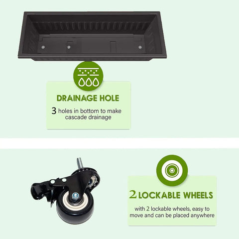 Planter box and wheel of 5 Tier Elevated Garden Bed With Lockable Caster Wheels For Freestanding Vertical Growing system.