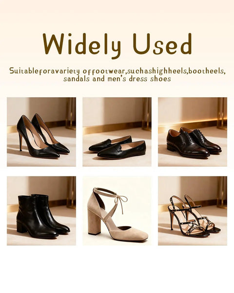 Various footwear types including high heels, loafers, dress shoes, ankle boots, chunky heels, and sandals, suitable for 8 Piece Heel Cap Replacement Kit For Boots With Non Slip Rubber Heel Caps And Chunky Heel Tips Plus 40 Shoe Nails For High Heels Boots And Shoes Home Shoe Repair Tool Kit.