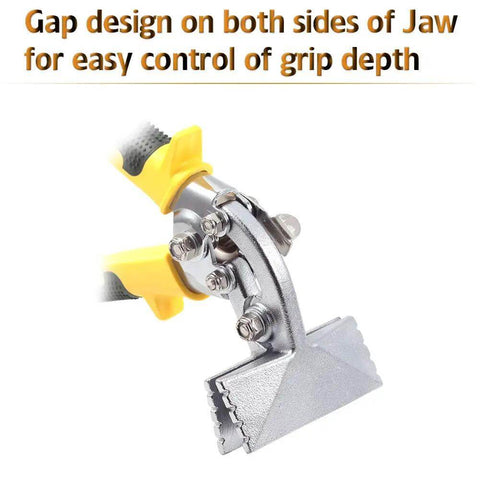 Close-up view of a 3 Inch Curved Jaw Hand Seamer for sheet metal with black and yellow offset bender tool pliers.