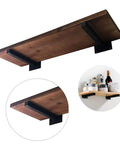 Heavy Duty Black Floating Shelf Brackets 30 Cm Wide Solid Iron Wall Supports holding wooden shelf with bottles on wall.