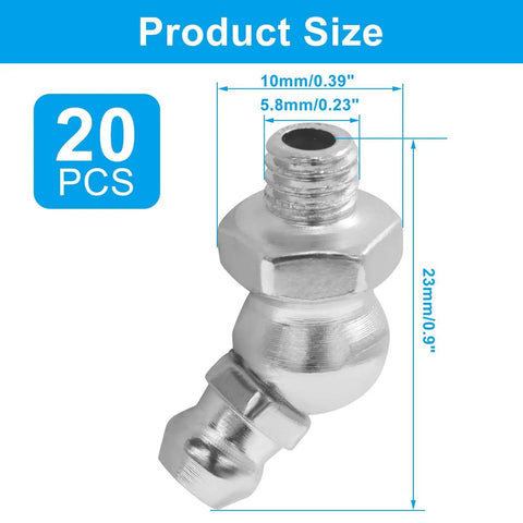 Close-up of 45 Degree M6 Grease Fitting Set 1mm Thread Zerk Nipple Nozzles with dimensions, 20 pieces, for machinery maintenance.