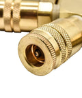 Close-up of Three Eighth Inch Brass Flat Hex Pneumatic Manifold With Five Quarter Inch Brass Industrial Couplers preassembled.