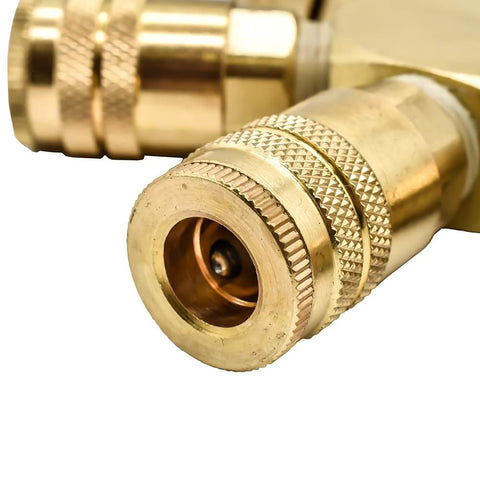 Close-up of Three Eighth Inch Brass Flat Hex Pneumatic Manifold With Five Quarter Inch Brass Industrial Couplers preassembled.
