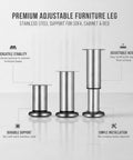 Stainless Steel Adjustable Furniture Leg, 4.7 Inch Height, 2 By 2 Inch Base, Level Sofas Cabinets And Beds On Uneven Floors, Wobble Free