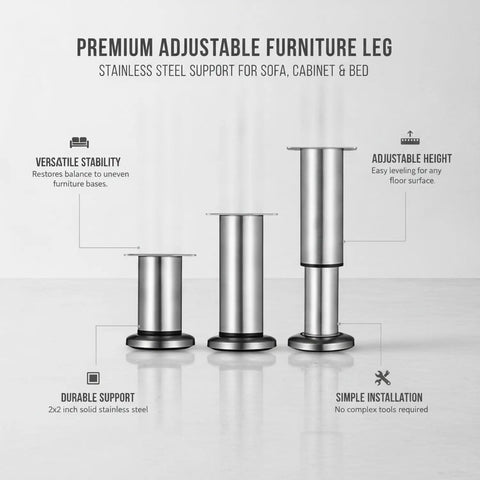 Stainless Steel Adjustable Furniture Leg, 4.7 Inch Height, 2 By 2 Inch Base, Level Sofas Cabinets And Beds On Uneven Floors, Wobble Free